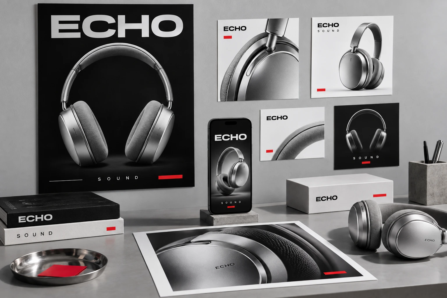 ECHO 헤드폰과 광고 소재를 일관된 콘셉트로 연결한 상품 홍보 예시