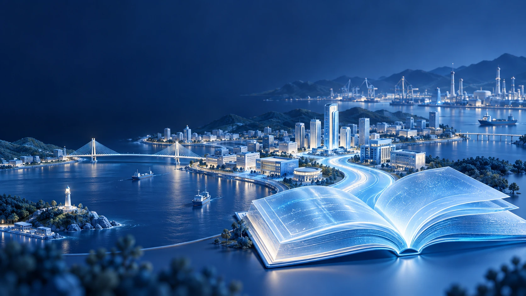 산업도시와 책을 연결한 블루 톤의 지역 배움 콘셉트 이미지